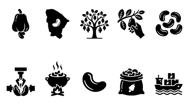 Black icons of cashew nut agriculture and industry, isolated on a transparent background. Perfect for export business.