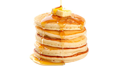 Stack of sweet homemade pancakes topped with butter and pouring honey isolated on transparent background cut out