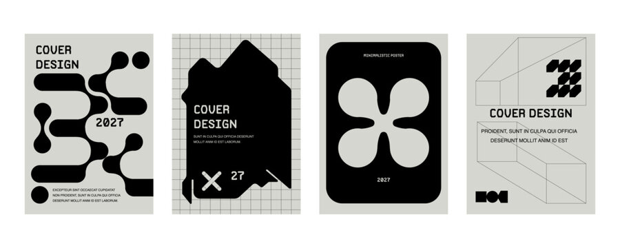 Posters with silhouette minimalistic basic figures, extraordinary graphic assets of geometrical shapes swiss style, Modern minimal monochrome print brutalist.