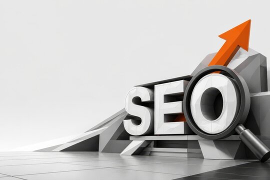 SEO concept with magnifying glass and rising arrow in a clean 3D render
