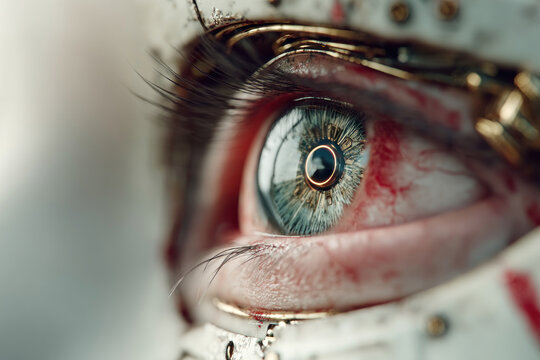 Extreme close-up of a human eye integrated with mechanical elements, featuring metallic structures and a glowing circular implant in the iris.