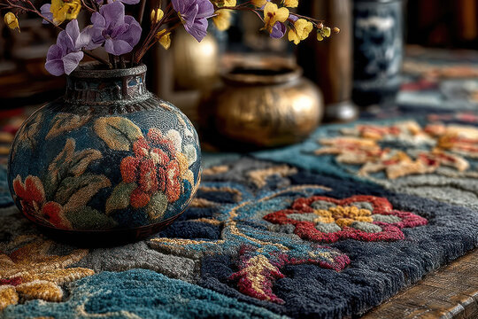 Cozy still life with a decorative floral vase and blooming branches placed on a richly textured embroidered textile.