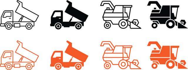 construction vehicle, dump truck, harvester, heavy equipment, truck icon, farm machinery, industrial vehicle, Construction Vehicle Icon Set illustrations. Dump Truck and Harvester Icon Collection © @rayan_rahaman