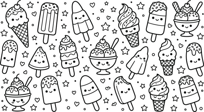 Cute kawaii ice cream doodle pattern for children coloring book pages