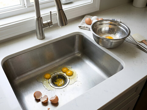Eggs Accidentally Cracked into Kitchen Sink Instead of Mixing Bowl