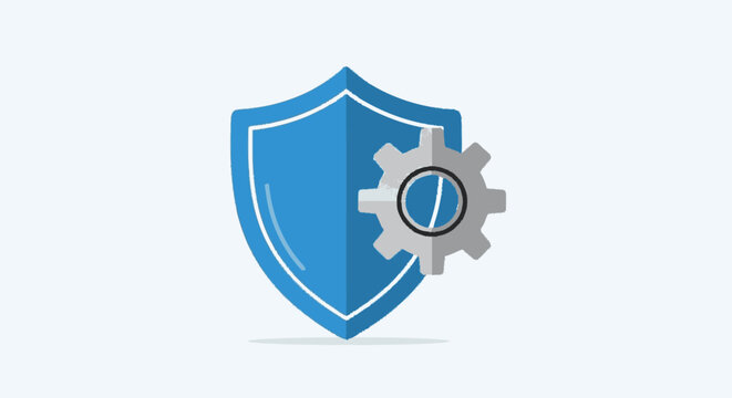 Cropped sketchy flat graphic illustration of a blue shield icon with a