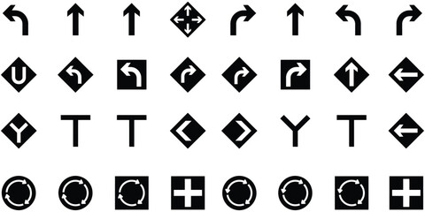 Traffic Direction Road Sign Icons Featuring Navigation Arrows U Turn Intersection Route Symbols and Highway Guidance Elements for Map and Transport Design © SHORIF VTZ
