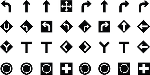 Traffic Direction Road Sign Icons Featuring Navigation Arrows U Turn Intersection Route Symbols and Highway Guidance Elements for Map and Transport Design © SHORIF VTZ