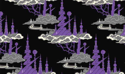 Purple fantasy city skyline with clouds © kiran_farzana