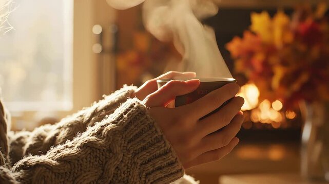 Close-up of hands in a cozy knit sweater holding a steaming mug by a warm fireplace with autumn leaves.