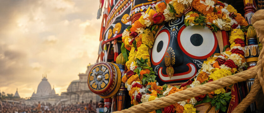 Lord Jagannath idol decorated with marigold flower garlands on a wooden chariot during the Rath Yatra festival. Traditional religious event and chariot procession in India. Banner with copy space