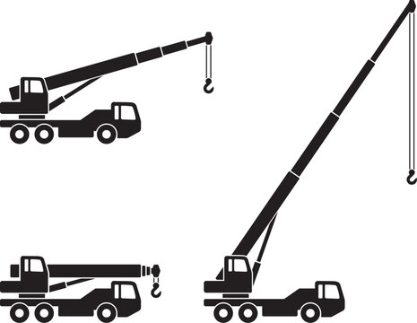 mobile crane truck construction vehicle simple silhouette side view extended icon symbol vector set on transparent background