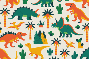 Prehistoric Jungle Adventure: A vibrant and whimsical pattern featuring a variety of colorful dinosaurs, prehistoric plants, and cacti, evoking a sense of playful exploration and ancient wonder. © Basu Official 