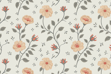 Fototapeta premium Floral Pattern Design: A seamless, vintage-inspired floral pattern featuring delicate rose blooms and subtle leafy vines on a cream background, evoking a sense of timeless elegance and natural beauty.