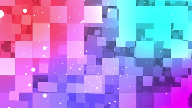 Abstract colorful neon geometric square pixel blocks animation background with floating particles
