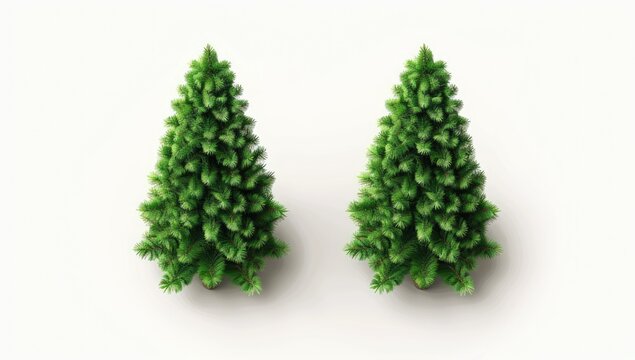 Two miniature evergreen trees stand side-by-side, casting subtle shadows on a clean white backdrop
