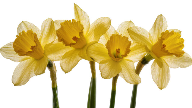 Isolated yellow daffodils in a row, blooming spring flowers with delicate transparent petals