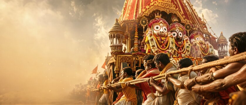 Indian devotee man pulling the wooden chariot during Rath Yatra festival. Huge temple cart with Hindu deity statues. Religious procession and spiritual ritual in India. Banner with copy space