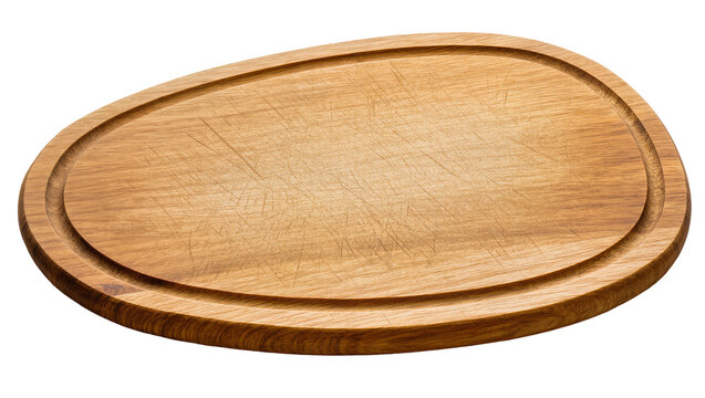 Isolated old wooden cutting board for kitchen or serving food with textured surface.