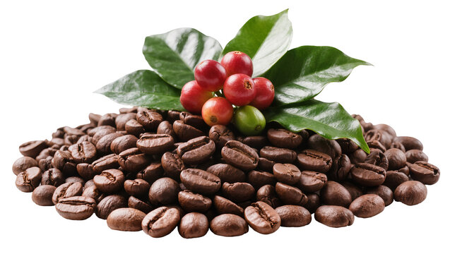 Isolated heap of dark roasted coffee beans, ripe red berries, and green coffee plant leaves.