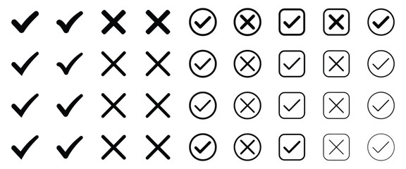 Check tick mark icon set, hand drawn cross box x check mark checkbox v, sketch marker checklist symbol right and wrong set, brush marker © SHORIF VTZ