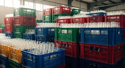 Fototapeta premium Stacked colorful plastic crates full of empty glass bottles in a bright manufacturing facility, showcasing organized production and recycling efforts