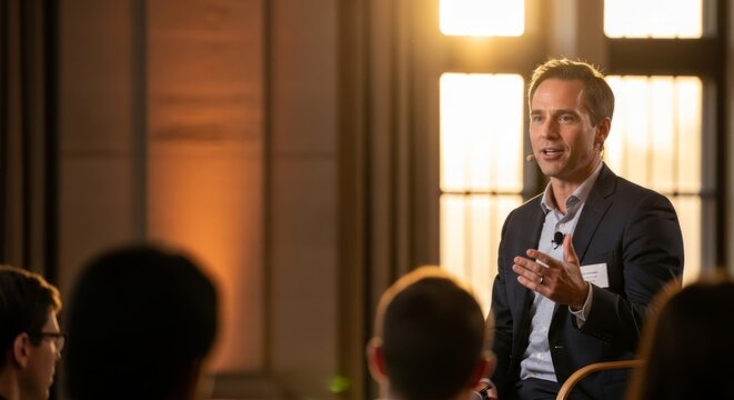 Charismatic Male Speaker Gesturing While Engaging Audience in Panel Discussion with Warm Golden Hour Lighting