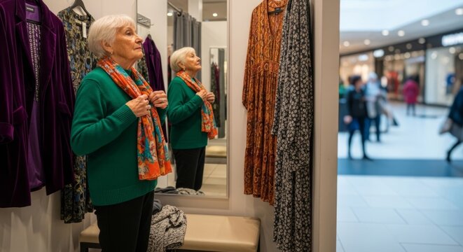 Elderly woman adjusts scarf in fitting room, exploring style and self-expression in a modern mall.