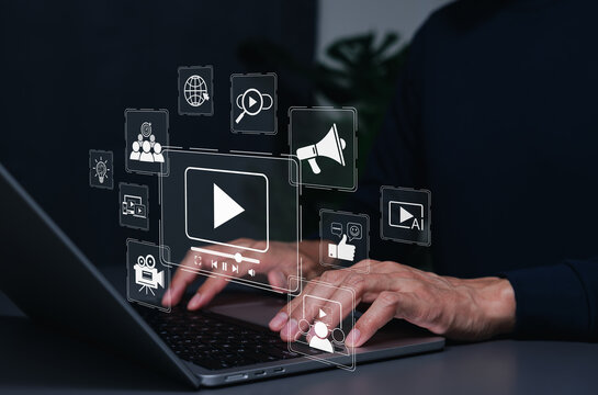 Video marketing concept. generative AI content creation, media icons for digital content strategy, online advertising, audience engagement, social communication, campaign management, business growth