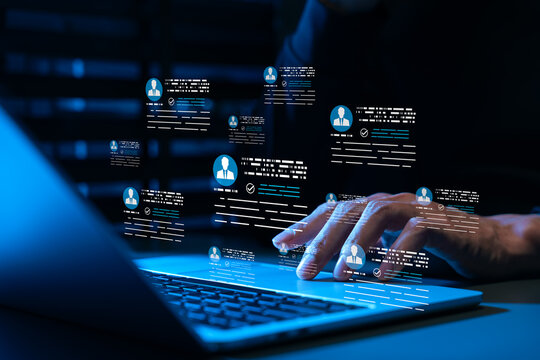 Digital recruitment concept. HR manager using laptop and virtual candidate profiles for HR management, talent acquisition, employee screening, hiring process, workforce planning, business networking