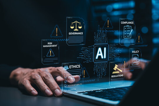 AI governance and ethics compliance framework concept, responsible AI control, Person using laptop with icons for risk management, regulations, policy, transparency, privacy, accountability, fairness