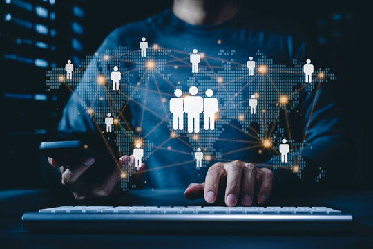 Global network communication concept with virtual world map icons for digital workforce connection, online community, collaboration, remote teamwork, data sharing, international business networking
