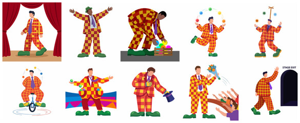 Circus Performer Character Set in Flat Vector Style Featuring Juggling, Unicycling, and Stage Performance Scenes © Jackie