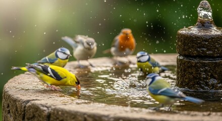 Small birds gathered at a rustic stone fountain, drinking water in soft morning light, featuring copy space