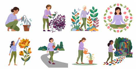 Fototapeta premium Set of flat illustrations showing women gardening, meditating, and enjoying nature for mental wellness, self-care, and growth concept
