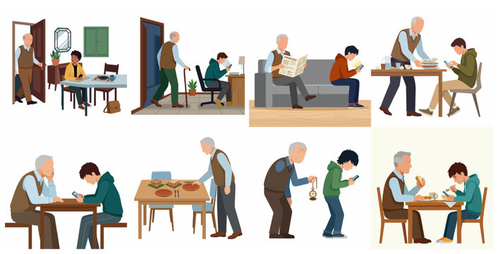 Set of illustrations depicting generation gap, technology addiction, and isolation between grandfather and grandson