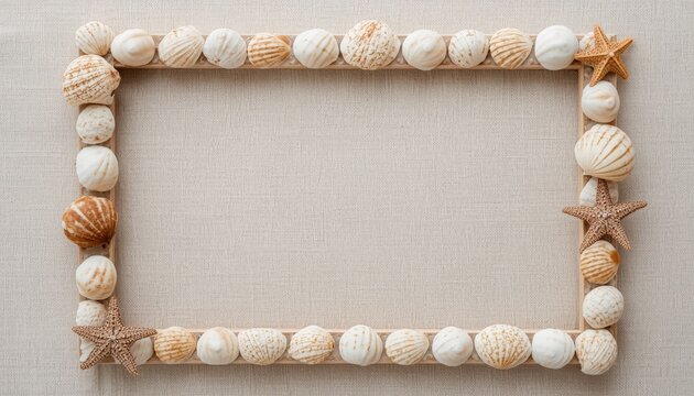 This is a picture of a frame made out of seashells and starfishs