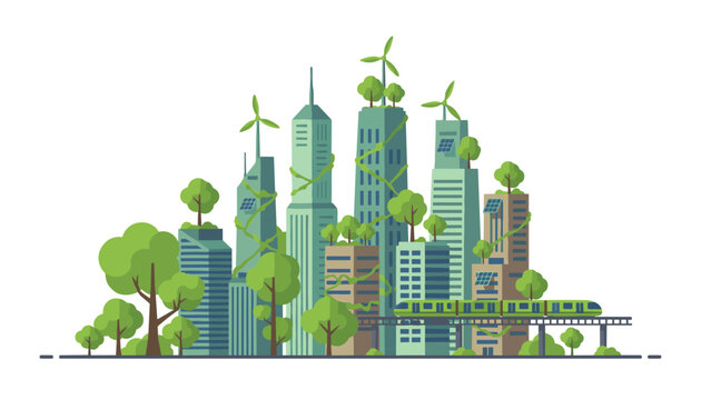 Green eco-city landscape featuring tall buildings covered in climbing vines, lush trees, and a monorail train system for sustainable urban living and nature integration.