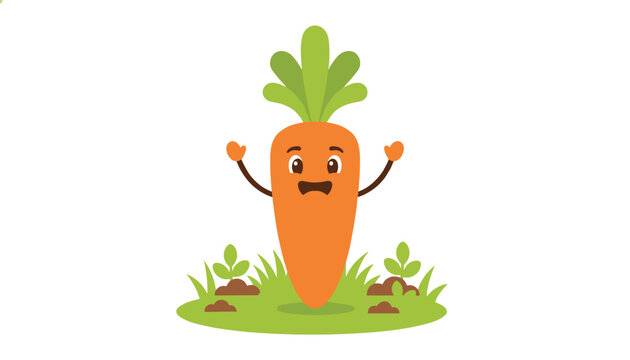 Smiling carrot mascot standing in a small garden patch with soil mounds and green sprouts celebrating a successful harvest.