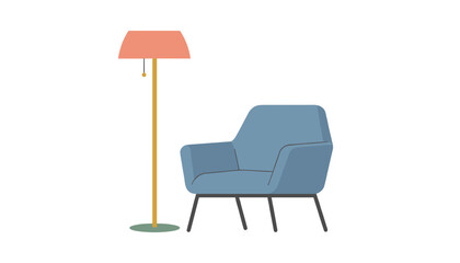 Fototapeta premium Comfortable blue armchair positioned beside a tall floor lamp with a coral-colored shade in a minimalist room with white walls.