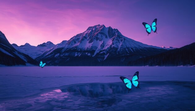 There are three blue butterflies flying over a frozen lake in the mountains