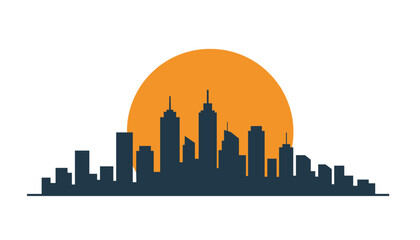 Obraz premium Silhouette of city skyline set against large orange sun urban landscape and metropolitan sunset or sunrise atmosphere.