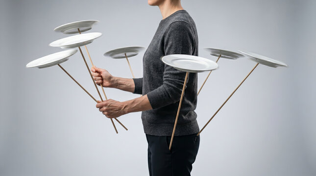 Balancing multiple white ceramic plates on thin wooden dowels emerging from clothing and hands as a surreal metaphor for extreme multitasking and stress.