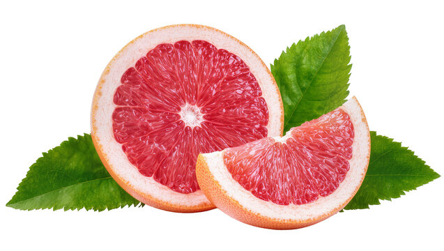 Isolated fresh pink grapefruit half and slice with vibrant green leaves on clean backdrop