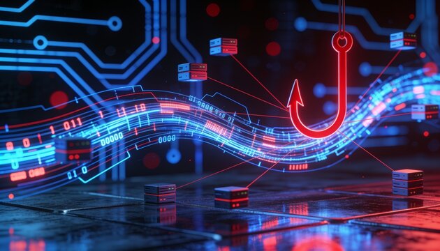 Cyber phishing threat illustration &mdash; red hook icon suspended in glowing data stream, dark circuit board background, bokeh lighting, red lines connecting floating server nodes, reflective metallic fore