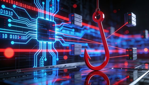 Cyber phishing threat illustration &mdash; red hook icon suspended in glowing data stream, dark circuit board background, bokeh lighting, red lines connecting floating server nodes, reflective metallic fore