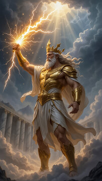 Zeus Greek God of Thunder Holding Lightning in Storm Clouds