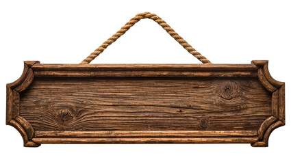 Isolated old textured wooden sign with decorative frame and hanging braided rope © Francisco