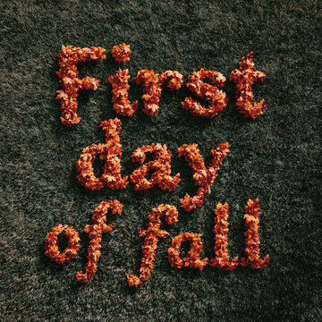 A beautiful inscription "First day of fall" written with bright orange autumn leaves on dark green grass. Seasonal nature AI genereted image for fall posters