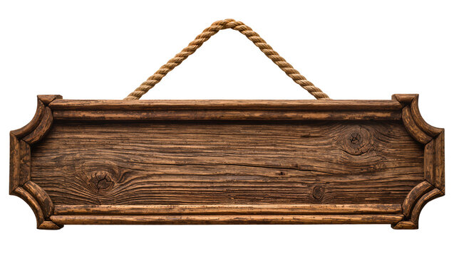 Isolated old textured wooden sign with decorative frame and hanging braided rope
